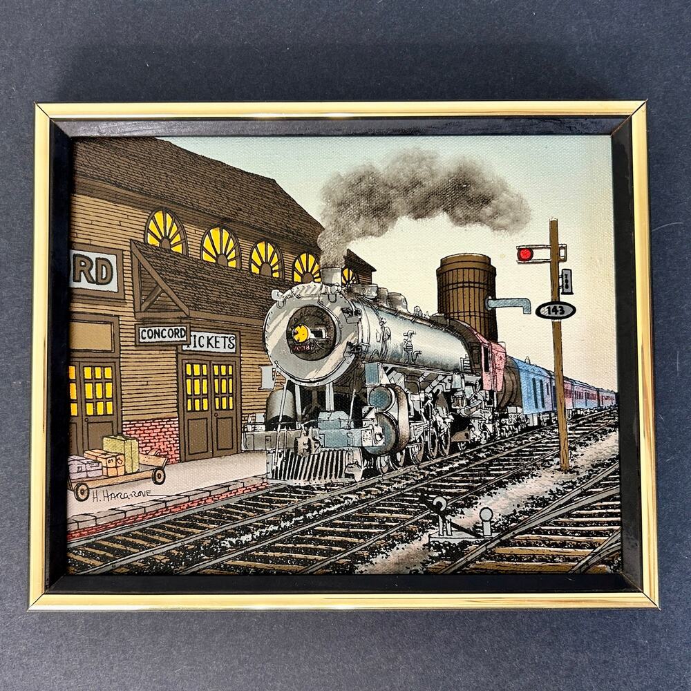 Vintage Railroad Art Hargove Steam Locomotive Concord Train Station Framed